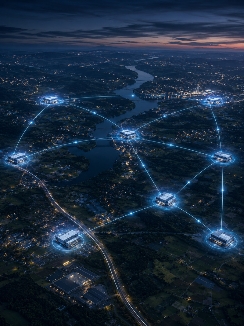 Platzhalter für eine abstrakte Infrastrukturvisualisierung mit vernetzten Drohnen-Hubs in einer Region
