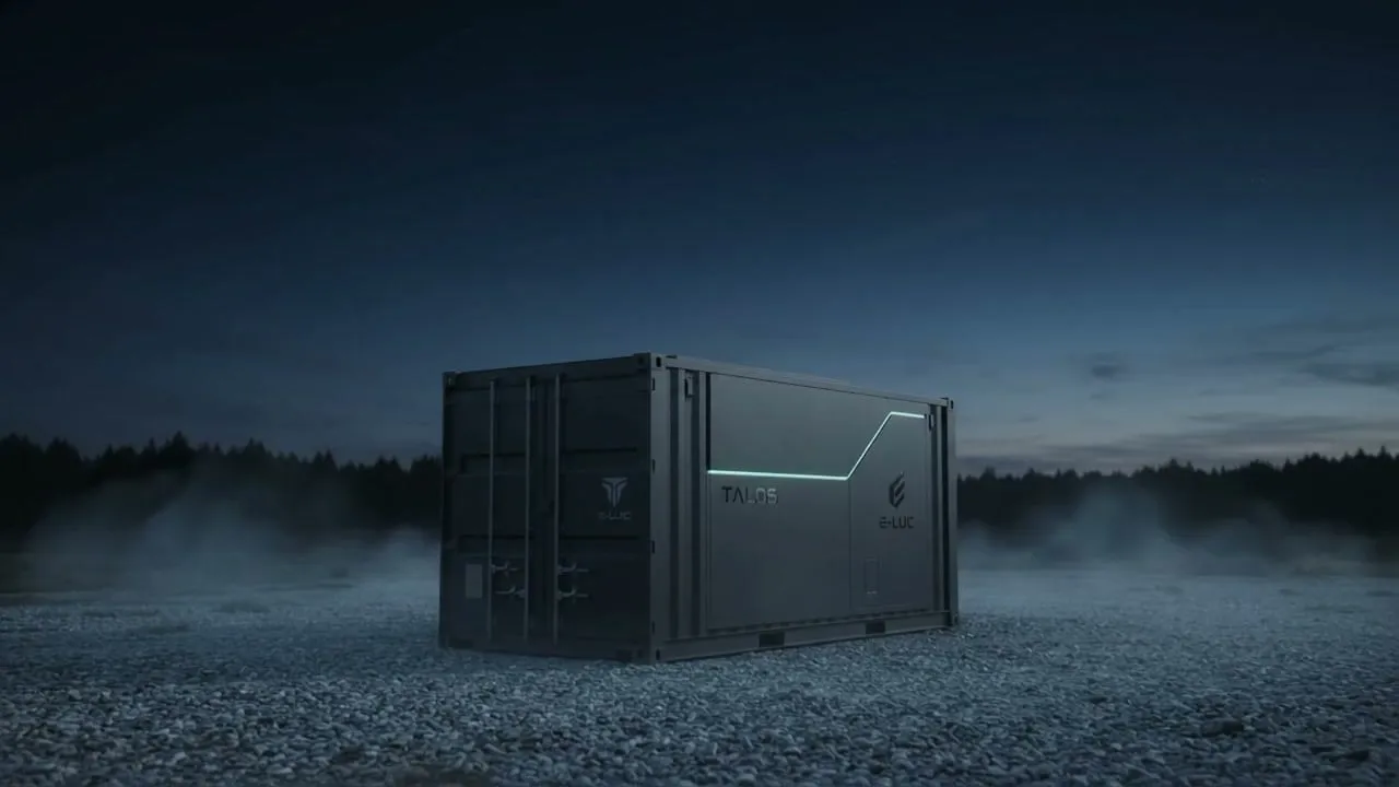 TALOS Hub Container von außen in der Abenddämmerung