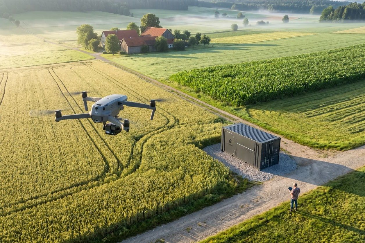 Drohne im Flug über einem Getreidefeld, daneben ein geschlossener Container am Feldweg