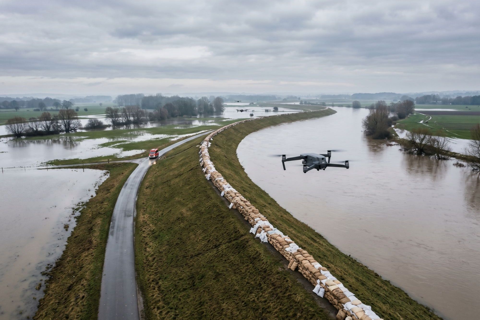 Drei Drohnen über einem Deich bei Hochwasser, auf dem Deichweg ein Feuerwehrfahrzeug