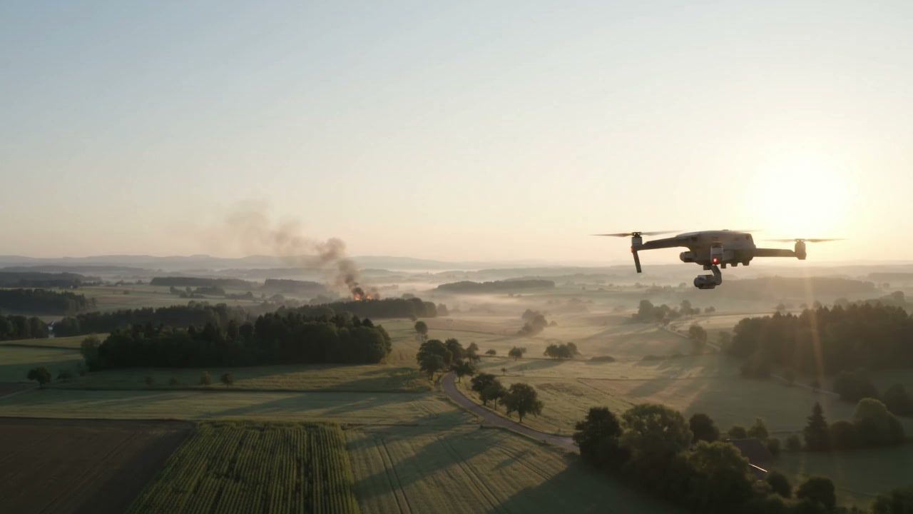 Drohne im Flug über einer Landschaft im Morgenlicht