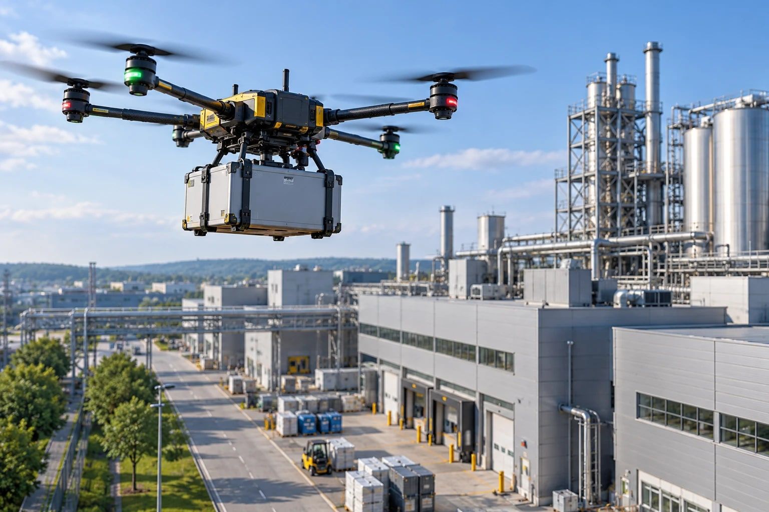 Drohne mit Transportbox über einem Industrie- und Chemiepark