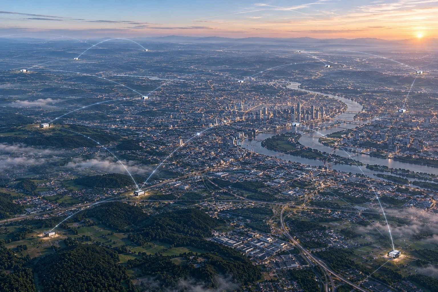 Luftbild einer Region in der Abenddämmerung mit mehreren vernetzten Standorten