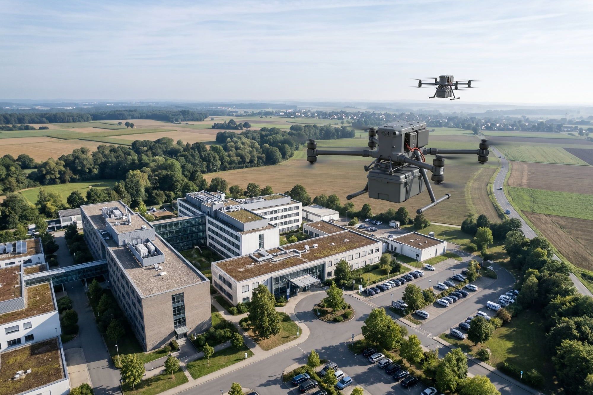 Zwei Transportdrohnen mit Transportboxen über einem Klinikgelände am Ortsrand