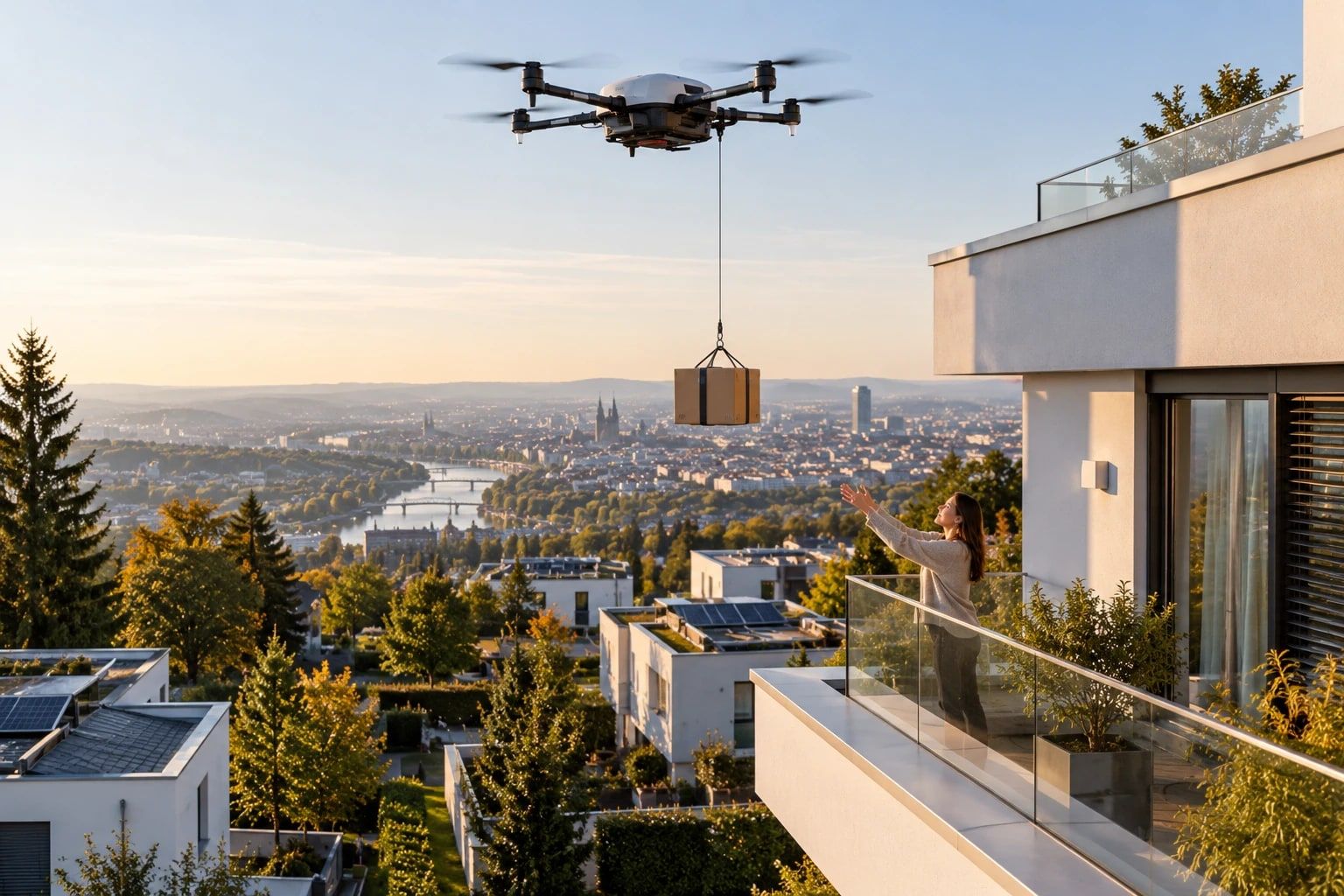 Drohne liefert ein Paket am Seil auf den Balkon eines Wohnhauses am Stadtrand